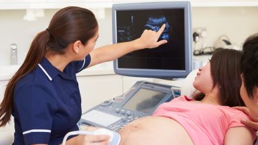 A woman and her partner being shown her maternity scan by a healh care professional.