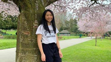A student stands in front of a blossom tree. They are wearing a University of Sheffield t-shirt