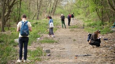 Students examine a woodland path as part of an urban exploration field class