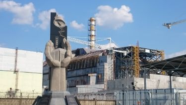 The Chernobyl nuclear power plant with scaffolding around it - as seen in 2016