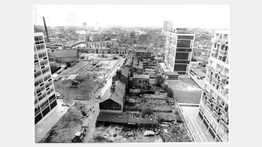An aerial view of Hillfields development in a vintage photograph
