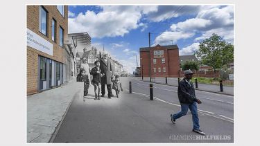 Modern-day Hillfields superimposed with photo of a Sikh family walking through the same street in 1964