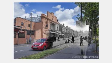 A vintage photgraph of a Hillfields street superimposed onto a modern day photo of the same street