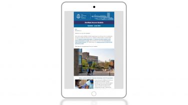 The Sheffield Alumni Bulletin displayed on a tablet