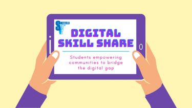 An illustration of two hands holding a tablet device, with the test 'Digital Skill Share - Students empowering communities to bridge the digital gap'