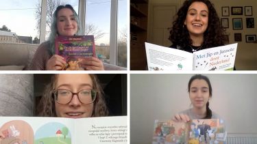 Screen shots of four students from their videos reading books in their native language