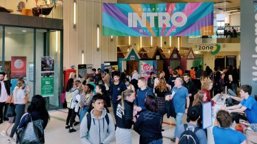 Students in lobby area during Intro Week