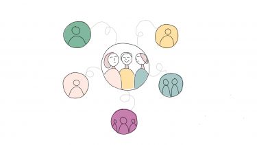 A cartoon drawing of people connected to others