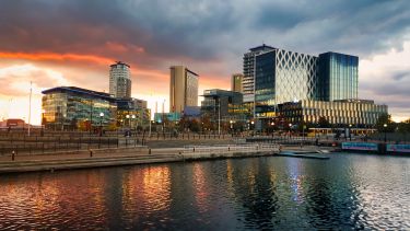 Manchester skyline at sunset