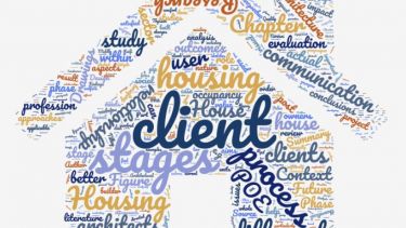 Building-related word cloud in the shape of a house