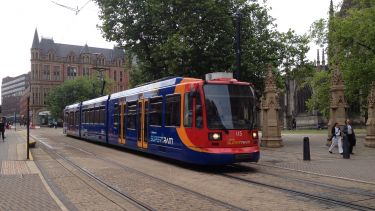 A photograph of Sheffield's tram at the cathedral stop