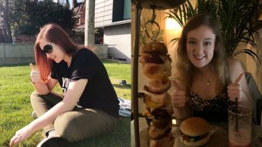 (Left) Photograph of Amelia sitting on the grass soaking up some Sheffield sun, (Right) Photograph of Amelia enjoying a burger in one of the city's many amazing places to eat