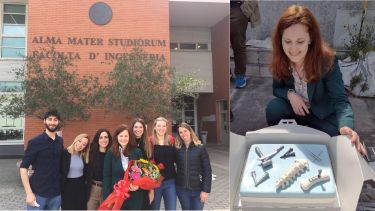 Spinner Fellow Chloe Techens celebrates the successful defence of her PhD thesis with friends, flowers and cake