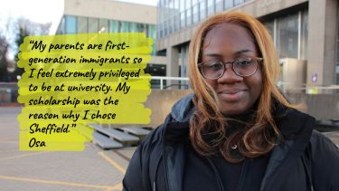 Scholarship student Osa with quote "My scholarships was the reason why I chose Sheffield"