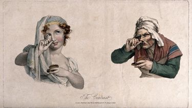 A girl and an old woman both taking snuff.