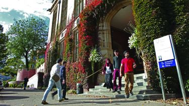 Students entering and exiting Firth Court