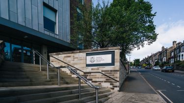 The steps leading up to the Management School's main entrance.