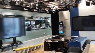 ITV's presenting studio with a recently acquired mega-screen helping to enhance the background graphics.