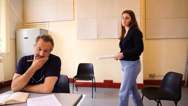 Robin Simpson as F L Lucas and Lucy Carter as Prudey rehearsing for The Nervous Stat