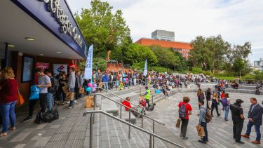 Students outside the Octagon Centre during Intro Week