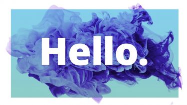The word Hello in white with a blue and green swirly background