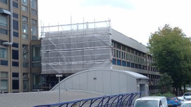 North End of Howarth Building with scaffolding on it