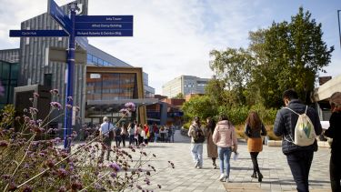 An image of students walking towards the Students' Union