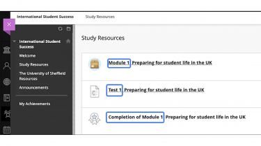 A screenshot of Blackboard showing a module and test titled "Preparing for student life in the UK".