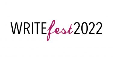 The logo of WriteFest 2022 which is text in black and pomegranate colours.