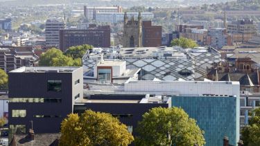 The University of Sheffield's Diamond building seen in the Sheffield skyline