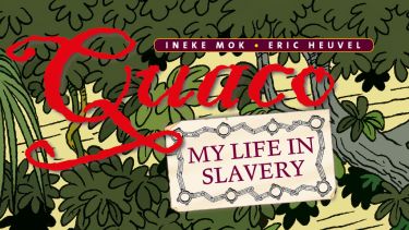 Red letters read Quaco against a background of luscious trees. Subtitle: my life in slavery