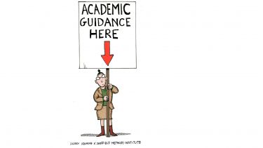 A cartoon of a lecturer holding a billboard saying Academic Guidance Here