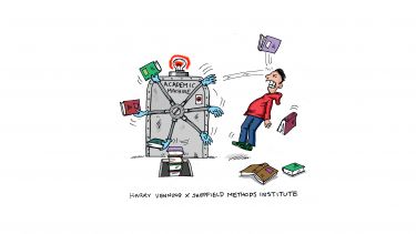 A cartoon of a student having academic text thrown at them by an academic machine