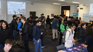 Student take part in networking, cv review and mock interview sessions with industry employers at the EEE Employability Fair