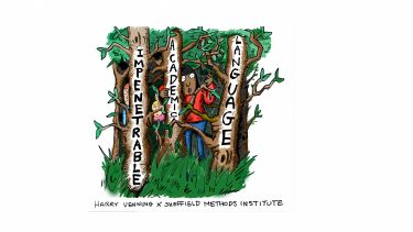 A cartoon of student trying to navigate an impenetrable wood of academic language