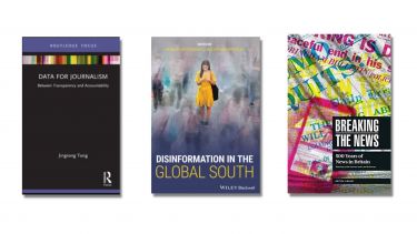 Three book covers, data for journalism, disinformation in the global south and breaking the news. 