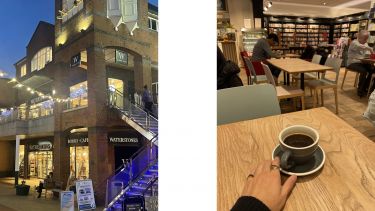 The outside and inside of Waterstones cafe.