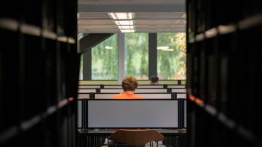 A person sitting at a desk in Western Bank Library. 