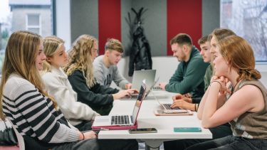 A group of students sat round a table in a seminar.