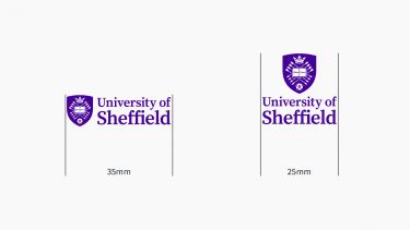The University landscape logo shown measuring 35mm and the portrait logo measuring 25mm in width