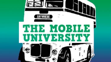 A double-decker bus leading to "Anywhere" with "The Mobile University" text placed in front