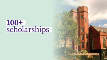 A graphic with the words 100+ scholarships highlighted next to an image of the redbrick Firth Court building at the University of Sheffield.