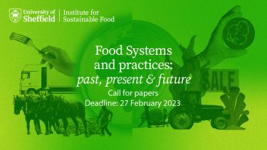 "Food Systems and Practices: Past, Present and Future - Call for papers, deadline: 27 February 2023."  Image:a collage of a fork, tractor, horses, crops and a petri dish with lab grown meat in it.