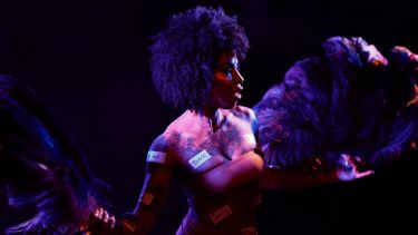 A woman dancing holding feathers.