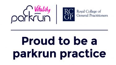 Vitality parkrun logo and Royal College of General Practitioners logo above the text Proud to be a parkrun practice