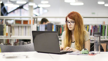 A student working at a laptop in the Diamond