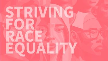 Image shows the text 'striving for race equality' overlaying the outlines of pink faces looking towards and the side of the image