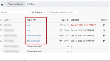 Turnitin Assignment Inbox. The Paper Title column is highlighted.