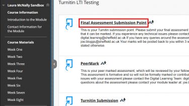Blackboard course area with a Turnitin assignment submission point title highlighted