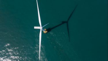 An offshore wind turbine seen from above